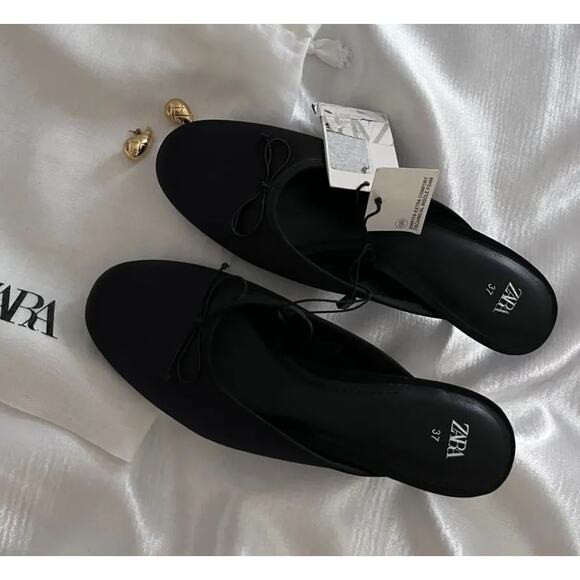 ZARA Embellished Bow Detail Mules NWT – Black Satin Heeled Slides, Sz 7.5 - Picture 12 of 16